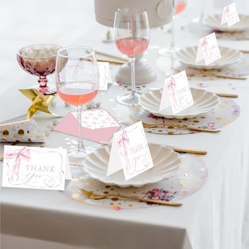 24 Pack Pink Bow Thank You Cards, Bowknot Bridal Shower Greeting Card with Envelopes and Stickers for Birthday Summer Wedding Baby Shower Party Supplies