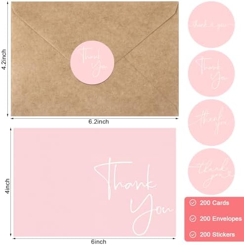 Teling 200 Set Thank You Cards with Envelopes Bulk, 6 x 4 Inch Blank Thank U Greeting Notes with Brown Kraft Envelopes Stickers Thankyou Card Set for Graduation Wedding Birthday Baby Shower(Pink)