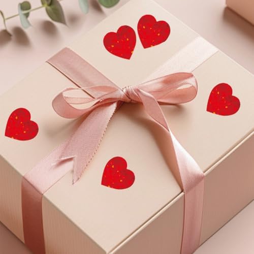 500PCS Valentines Red Heart Stickers Roll 1in Metallic Sparkling Stickers Self Adhesive Waterproof Reflective Heart Sticker Love Decorative Labels for Valentine's Day Envelopes Decorations