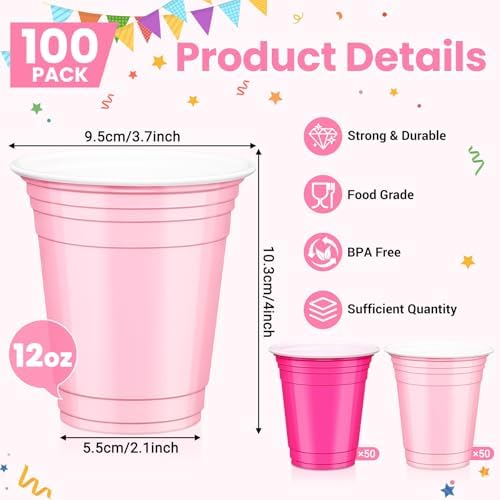 100 Pcs Pink and Hot Pink Plastic Cups, 12 oz Disposable Cups