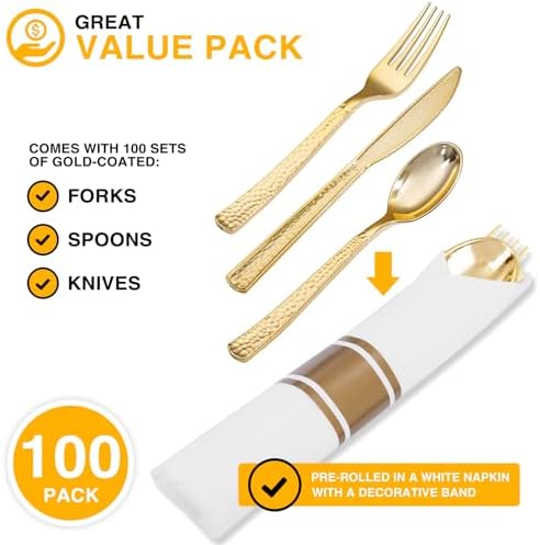 400PCS Gold Wrapped Silverware Set Disposable Hammered for Weddings