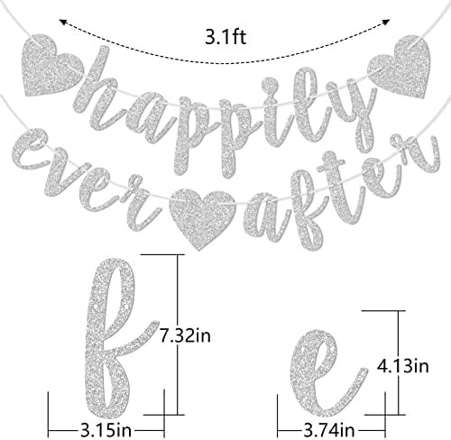 Happily Ever After Silver Glitter Bunting Banner, Engagement, Bridal Shower, Wedding Party Photo Booth Props Signs,Pre-Strung Cursive Bunting