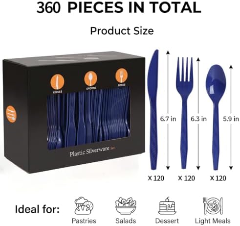 360Pcs Navy Blue Plastic Silverware Set, Disposable Forks Spoons Knives