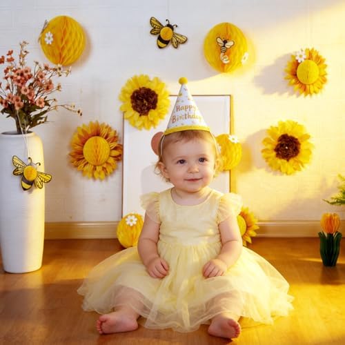 Paper Jazz Sunflower Party Honeycomb Decoration Bee Decorations with Yellow Paper Flower，Tissue Paper Sun Flower Hanging Birthday Decor for Classroom Wall Baby Shower Garden Party Bulletin Board