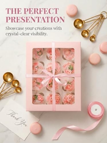 qiqee Auto-pop Up Cupcake Boxes with Window Pink 40PCS 12 Count Cupcake Box 13"x10"x3.5" Cupcakes Carrier, 12 Cupcake Containers with 2 rolls of pink ribbons