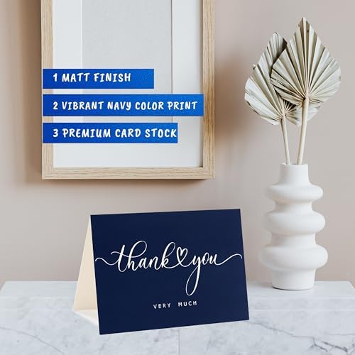 100 Bulk Navy Thank You Cards with Kraft Envelopes and stickers - 4 Minimalistic Designs Blank Thank You Notes with Envelopes Matt for business Wedding Bridal Gift Baby Shower Business Graduation