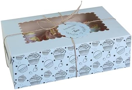Cupcake and Muffin Boxes (Pack of 20), Fits 6 Treats comes with Insert trays, Tags and Twine (Blue)