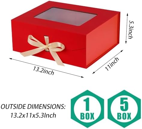 5 Pcs Red Gift Box for Presents with Ribbon 13.2x11x5.3 Inches Clear Gift Box with Window Magnetic Closure Gift Boxes with Lids