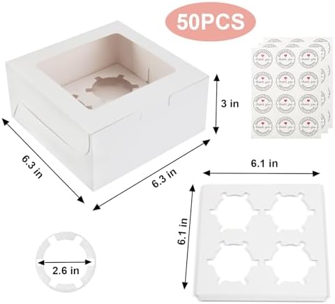 OAMCEG Cupcake Boxes with Window, 6x6x3 Inches Cookie Boxes,50 Pack,White