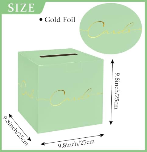 HEIPINIUYE Sage Green Wedding Card Box with Gold Foil 9.8" x 9.8" Green Large Gift Card Box for Party Wedding Reception Graduation Birthday Baby Shower Cardboard Raffle Envelope Box with Slot