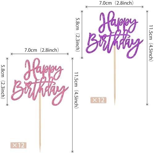 24 PCS Happy Birthday Cupcake Toppers Glitter Happy Birthday Cupcake Picks for Celebrating Anniversary Theme Party Cake Decorations Supplies Pink Purple