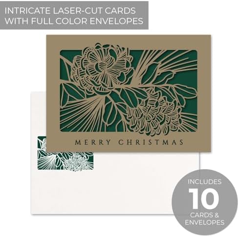 Canopy Street Masterpiece Laser Cut Pine Cone Christmas Cards / 10 Winter Holiday Cards With Coordinating Envelopes / 5" x 7" Boxed Evergreen Greeting Cards With Inside Verse