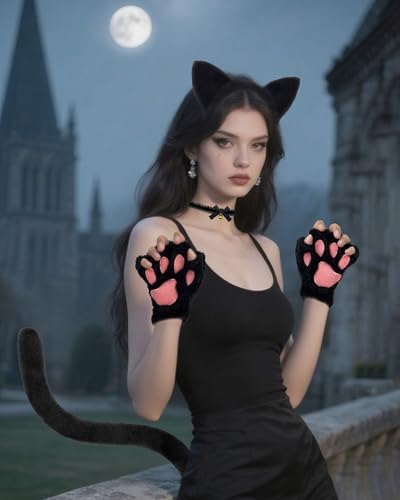 Black Cat Costume Accessories - Cat Ears Headband Tail Paws Gloves Choker Fluffy Cute Set for Adult Women Halloween