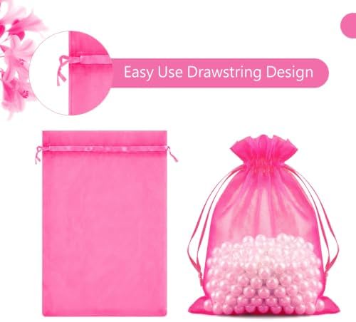 FUNFERY 100PCS Hot Pink Organza Gift Bags 5x7in,Drawstring Jewelry Pouch