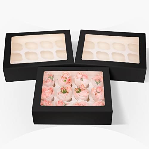 qiqee Auto-pop Up Cupcake Boxes with Window Black 40PCS 12 Count Cupcake Box 13"x10"x3.5" Cupcakes Carrier, 12 Cupcake Containers with 2 rolls of pink ribbons
