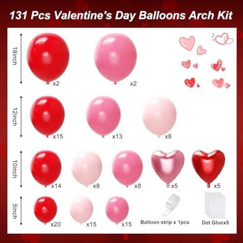 Red and Pink Valentine's Day Balloons Arch Kit Garland, 131Pcs Pink and Red Balloons Arch Different Size for Girls Anniversary Birthday Wedding Valentines Day Party