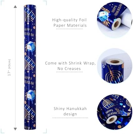 LaRibbons Hanukkah Wrapping Paper, Foil Menorah Dreidel Print