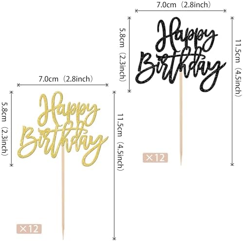 24 PCS Happy Birthday Cupcake Toppers Glitter Happy Birthday Cupcake Picks for Celebrating Anniversary Theme Party Cake Decorations Supplies Black Gold