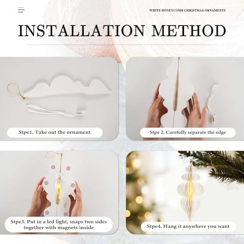 White Christmas Hanging Decorations Set, 3D Paper Honeycomb Ornaments Decorative Honeycomb Bell Lanterns with Lights, Paper Snowflake Fans Garlands for Xmas Tree Winter Wonderland Holiday Party Decor