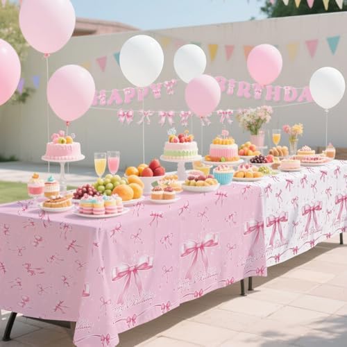 Gatherfun Pink Bow-Themed Party Supplies Set for Women: Happy Birthday & Bachelorette Decorations Combo - Includes 2 Disposable Tablecloths (54 x 108 inch) for Birthday & Tea Party Decorations