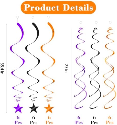 36Pcs Black Orange and Purple Star Swirl Decorations, Plastic Foil Star Swirl Ceiling Hanging Decorations Spiral Streamer Party Supplies for Halloween Fall All Kinds of Parties