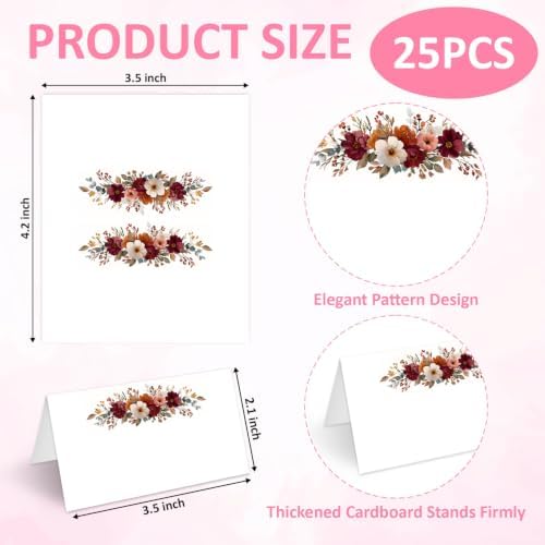25Pcs Fall Floral Place Cards, Retro Boho Watercolor Rose Flower Tent Blank Name Cards, Seat Card for Autumn Party Wedding Buffet Party Table Setting Supplies, 2.1 x 3.5 Inch Folded -19