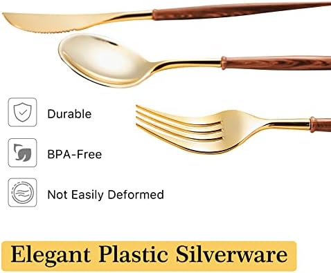 Lullaby 240PCS High End Gold Plastic Silverware with Wood Grain Handle