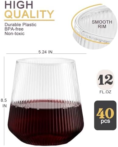 40 Pack Plastic Wine Glasses, 12 Oz Disposable Cocktail Whiskey Glasses