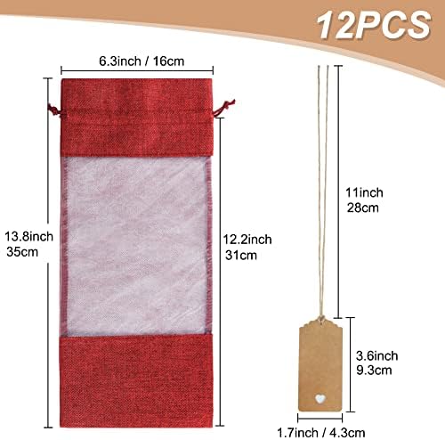 Shintop 12pcs Red Burlap Wine Gift Bags with Window and Tags