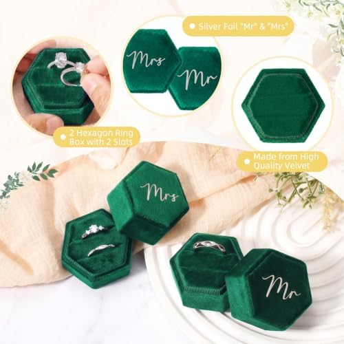 Mr & Mrs Velvet Wedding Ring Box 2 Slots Cursive Hexagon Jewelry Ring Box for Wedding Day Ceremony Bridal Photography Gift Set of 2 (Emerald Green)