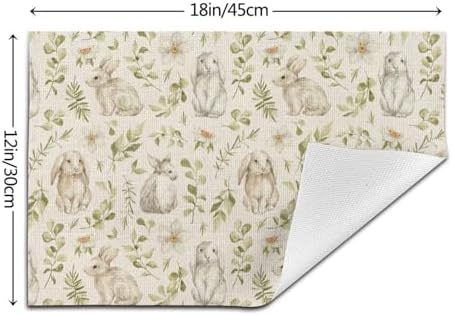 Spring Place mats Set of 4,12x18 Inches Green Rabbit Floral Leaves Placemats Rectangle Easter Decor Bunny Flower Table Mats for Party Home Kitchen Dining Table Decoration