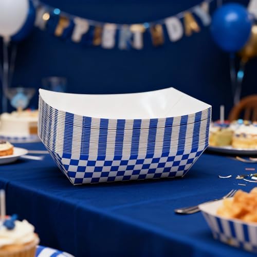 30 Pcs No Folding Required 2lb Gingham Disposable Paper Food Trays for Shower Wedding Tea Party Supplies Nacho Snack (Blue)