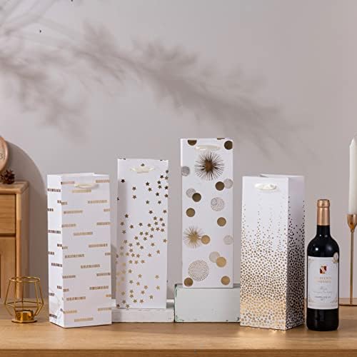 SHIPKEY 4 PCS Wine Gift Bags 13.7" Luxury Gold Bottle Bag for Weddings