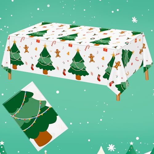 Hxezoc Disposable Plastic Christmas Tree Tablecloth, 54 x 108 Inches Christmas Party Table Cover for Xmas Winter Holiday New Year Home Dinner Decorations