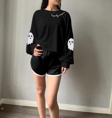 Women Fall Halloween Ghost Crop Sweatshirt Lantern Sleeve Pullover