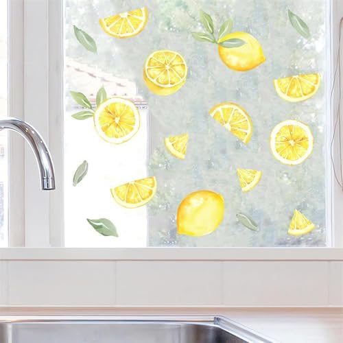 4 Sheets Static Cling Summer Lemon Window Clings 112 Pcs Cute Reusable PVC Window Stickers No Adhesive Removable Fruit Decals for Kitchen Glass Door Cabinet Refrigerator Home Decor