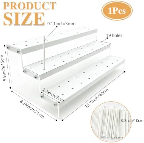1Pcs Wood & Acrylic Cake Pop Stand Display, 3 Tier White Lollipop Holder with 100 Lollipop Sticks, 57 Holes Popsicle Display Rack for Birthday, Wedding, Baby Shower Party Table Decor