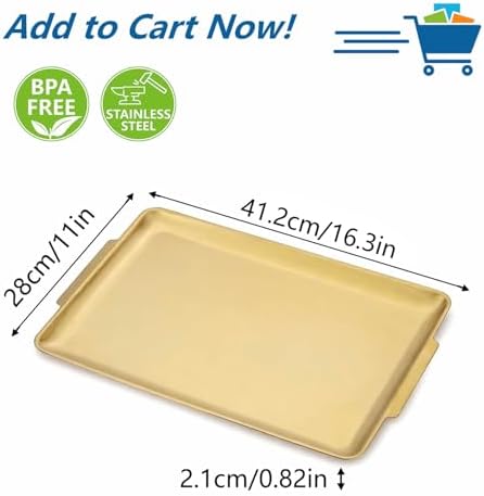 16.3" x 11" Large Serving Platters, Stainless Steel Heavy-Duty Large Serving Trays, Gold Rectangular Plates for Food, Fruit, Party, Wedding, Christmas, Chip and Scratch Resistant