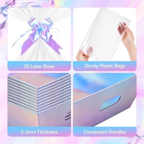 AFOROEOA 20 Pack Iridescent Gift Baskets Empty, 10x8 Thick Paper Basket with 20 Clear Bags and 20 Pull Bows, Holographic Gift Baskets for Bridal Birthday Party Bulk Wrapping
