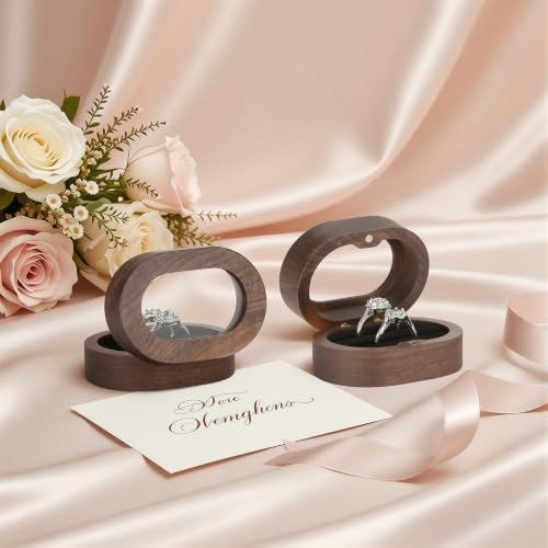 KUKUVR Oval Wooden Ring Box with Clear Window, Ring Holder Box for Wedding Day Engagement Proposal, Jewelry Gift Storage Box for Women (Black - 2 Slots)