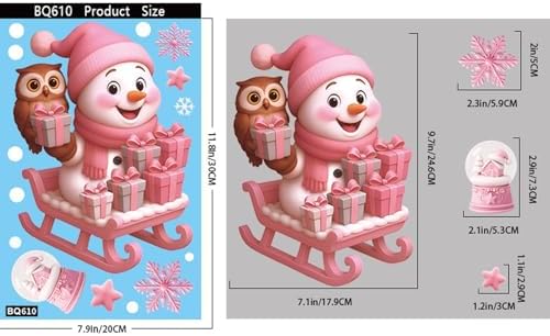 Christmas Window Clings Stickers for Glass Snowman Santa Deer Christmas Tree Stickers Pink Double-Sided Static Decals for Winter Window Art Decoration