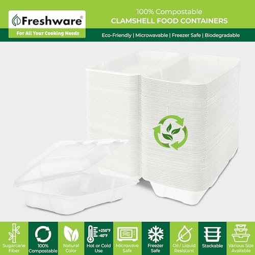 Freshware Clamshell Food Containers with Lids [9x6 50-Pack] Disposable To Go Containers, Biodegradable Sugarcane To Go Boxes - Paper Container - Microwave & Freezer Safe, Stackable
