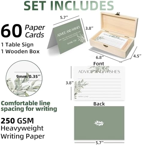 Eucalyptus Advice and Wishes for the Mr and Mrs, 60 Pack Wedding Cards with Keepsake Box for Bridal Shower