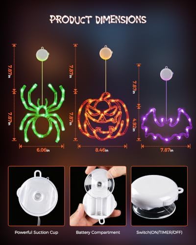 Minetom 3 Pack Halloween Windows Lights - Pumpkin, Spider, Bat with Timer