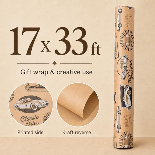 Ulmasinn Vintage Sports Car Wrapping Paper Roll, Kraft Gift Wrap with Retro Racing Car Design, 17 Inch x 33 Feet, Birthday Wrapping Paper for Boys, Men, Car Lovers, Father's Day, Racing Party Gifts