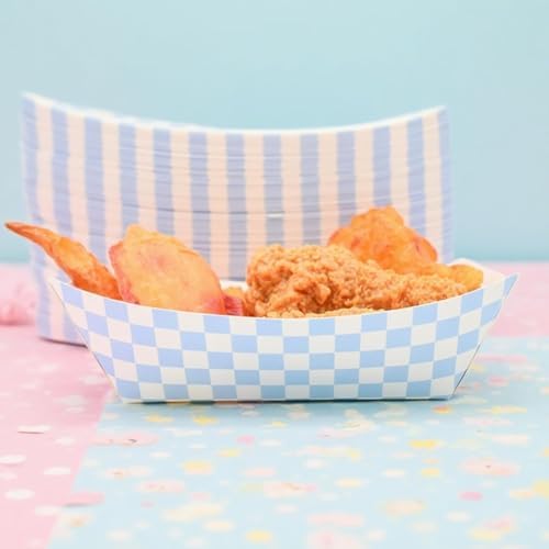 30 Pcs No Folding Required 2lb Gingham Party Supplies Disposable Paper Food Trays for Shower Wedding Tea Party Supplies Nacho Snack (Light Blue)