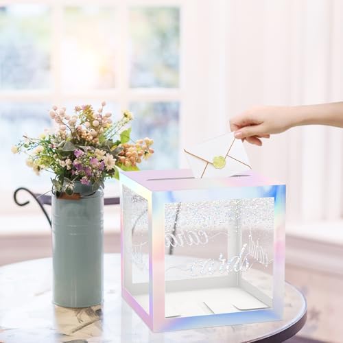 Clear Iridescent Card Box for Party, Blinking Silver Foil Gift Cards Receiving Box Holder for Wedding, Bridal Shower, Graduation, Birthday, Retirement, Baby Shower, Anniversaries Party Decorations