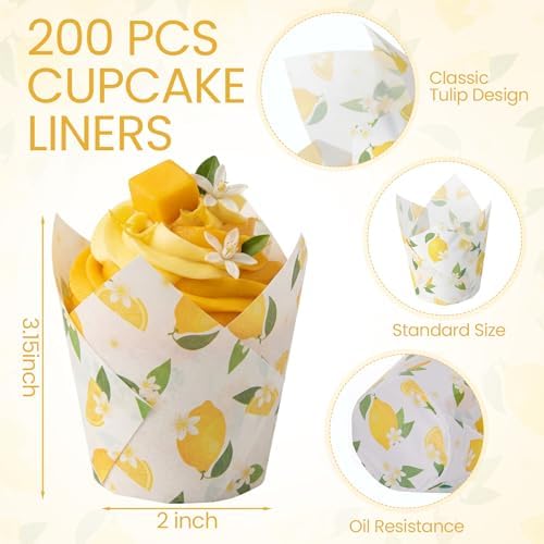 Maxdot 200 Pcs Lemon Flower Tulip Cupcake Liners for Baking Yellow Fruit Paper Muffin Baking Cups Fruit Theme Tulip Muffin Liners Wrappers for Summer Baby Shower Wedding Birthday Spring Party
