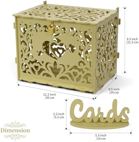 Jolik Wedding Card Box With Sign, Large DIY Locking Money Box Holder for Wedding Reception, Gift Card & Envelope Storage, Anniversary & Birthday Party Decoration, Bridal Party Box (Gold)