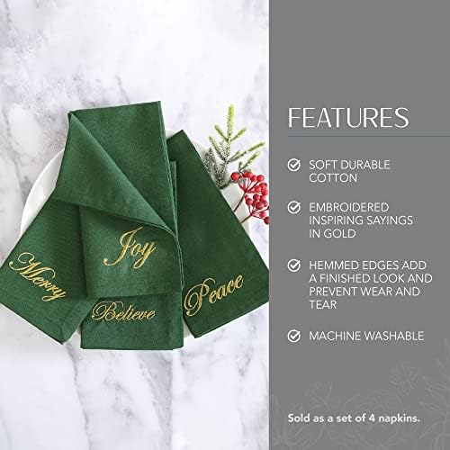 Threadmade Holiday Sentiments Napkins, Set of 4, Green - 20" W x 20" L